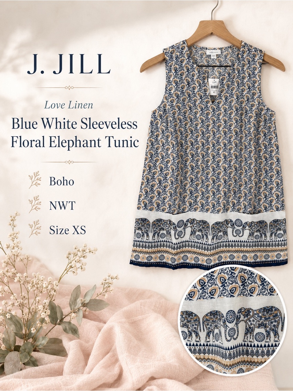 J. Jill Love Linen Blue White Sleeveless Floral Elephant Tunic Boho NWT XS